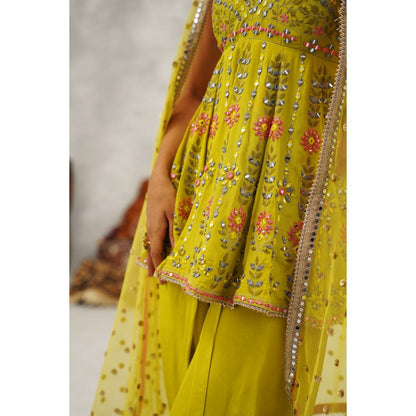 Kapda Dori Lime Green Embroidered Peplum Top with Dhoti and Dupatta (Set of 3)