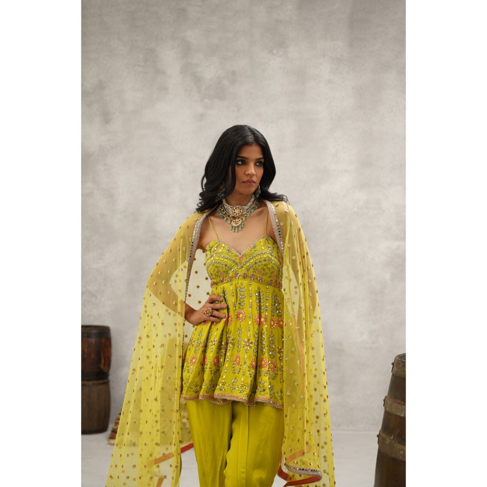Kapda Dori Lime Green Embroidered Peplum Top with Dhoti and Dupatta (Set of 3)