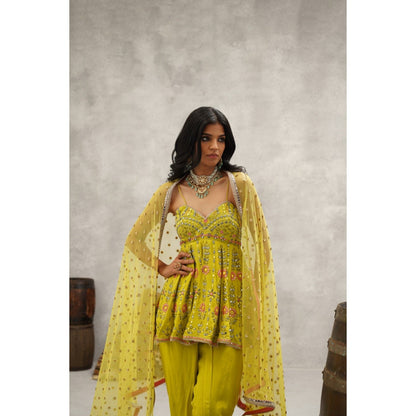 Kapda Dori Lime Green Embroidered Peplum Top with Dhoti and Dupatta (Set of 3)