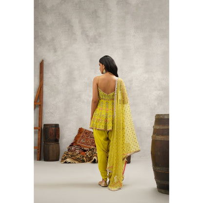 Kapda Dori Lime Green Embroidered Peplum Top with Dhoti and Dupatta (Set of 3)