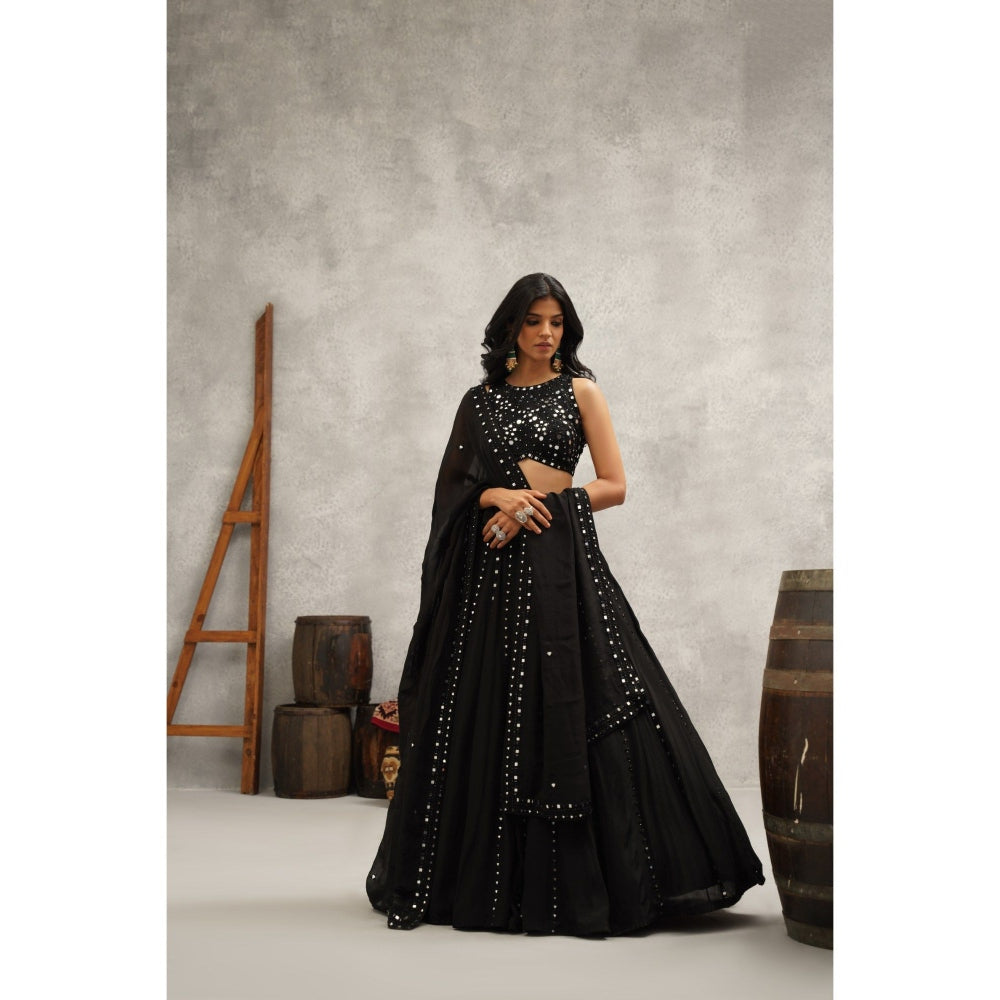 Kapda Dori Black Mirror Work Embroidered Lehenga with Blouse and Dupatta (Set of 3)