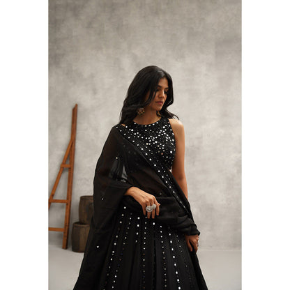 Kapda Dori Black Mirror Work Embroidered Lehenga with Blouse and Dupatta (Set of 3)