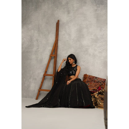 Kapda Dori Black Mirror Work Embroidered Lehenga with Blouse and Dupatta (Set of 3)
