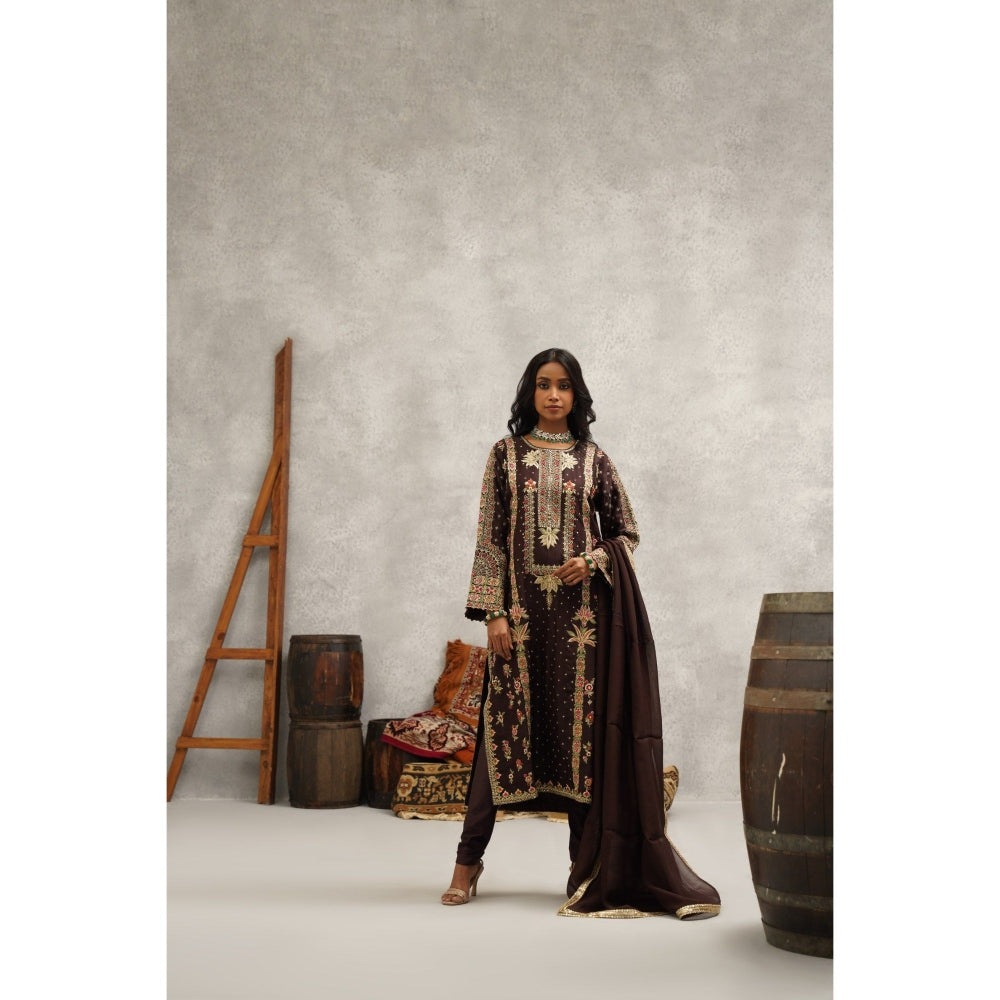 Kapda Dori Brown Embroidered Kurta with Churidar and Dupatta (Set of 3)