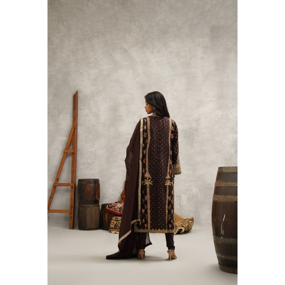 Kapda Dori Brown Embroidered Kurta with Churidar and Dupatta (Set of 3)