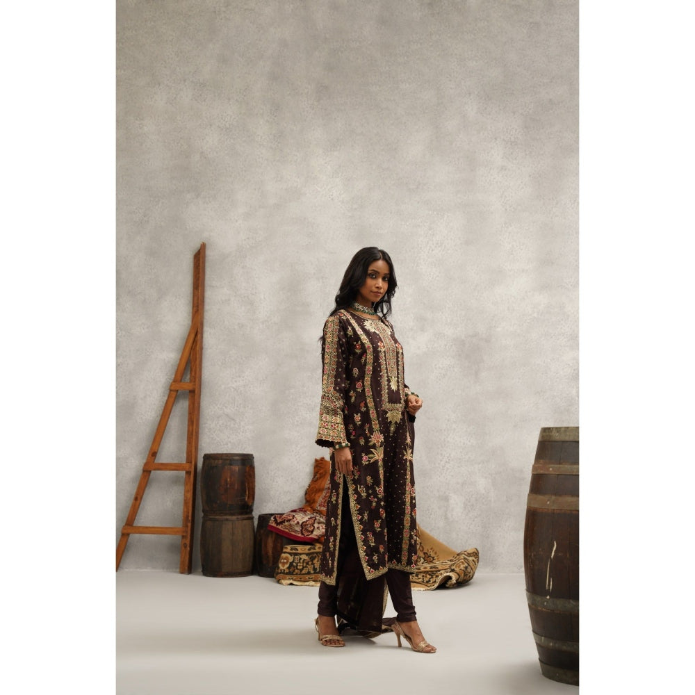 Kapda Dori Brown Embroidered Kurta with Churidar and Dupatta (Set of 3)