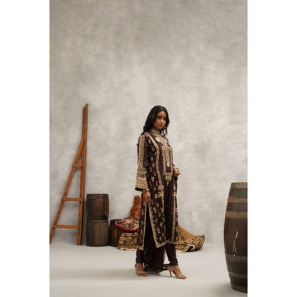 Kapda Dori Brown Embroidered Kurta with Churidar and Dupatta (Set of 3)