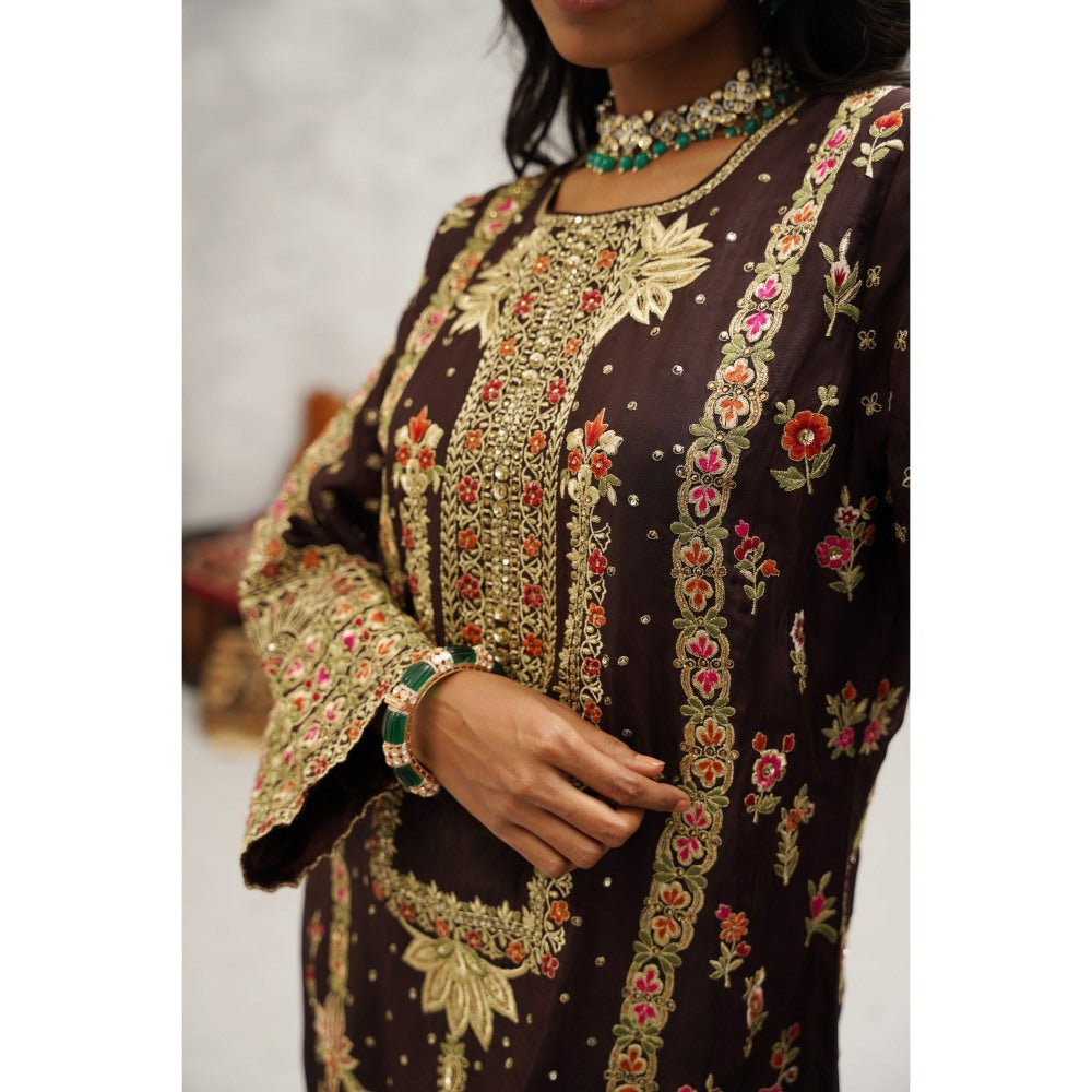 Kapda Dori Brown Embroidered Kurta with Churidar and Dupatta (Set of 3)