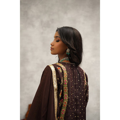 Kapda Dori Brown Embroidered Kurta with Churidar and Dupatta (Set of 3)