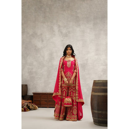 Kapda Dori Pink Embroidered Sharara with Kurta and Dupatta (Set of 3)