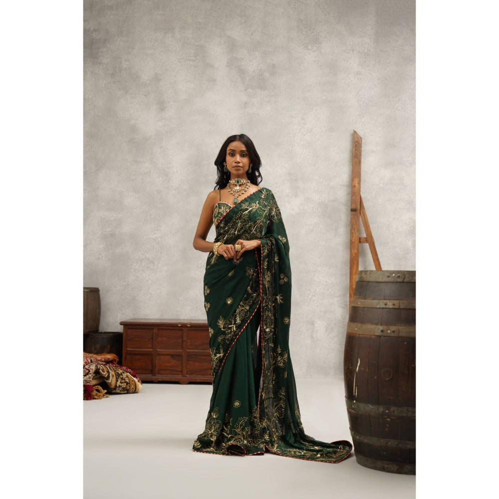 Kapda Dori Bottle Green Embroidered Saree with Stitched Blouse and Petticoat