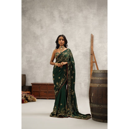 Kapda Dori Bottle Green Embroidered Saree with Stitched Blouse and Petticoat