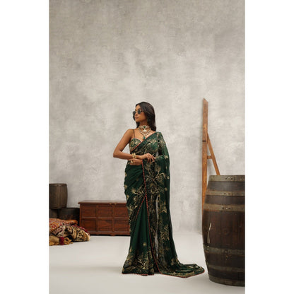 Kapda Dori Bottle Green Embroidered Saree with Stitched Blouse and Petticoat
