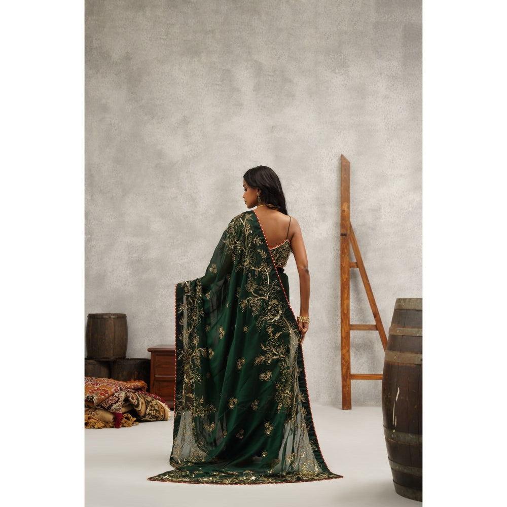 Kapda Dori Bottle Green Embroidered Saree with Stitched Blouse and Petticoat