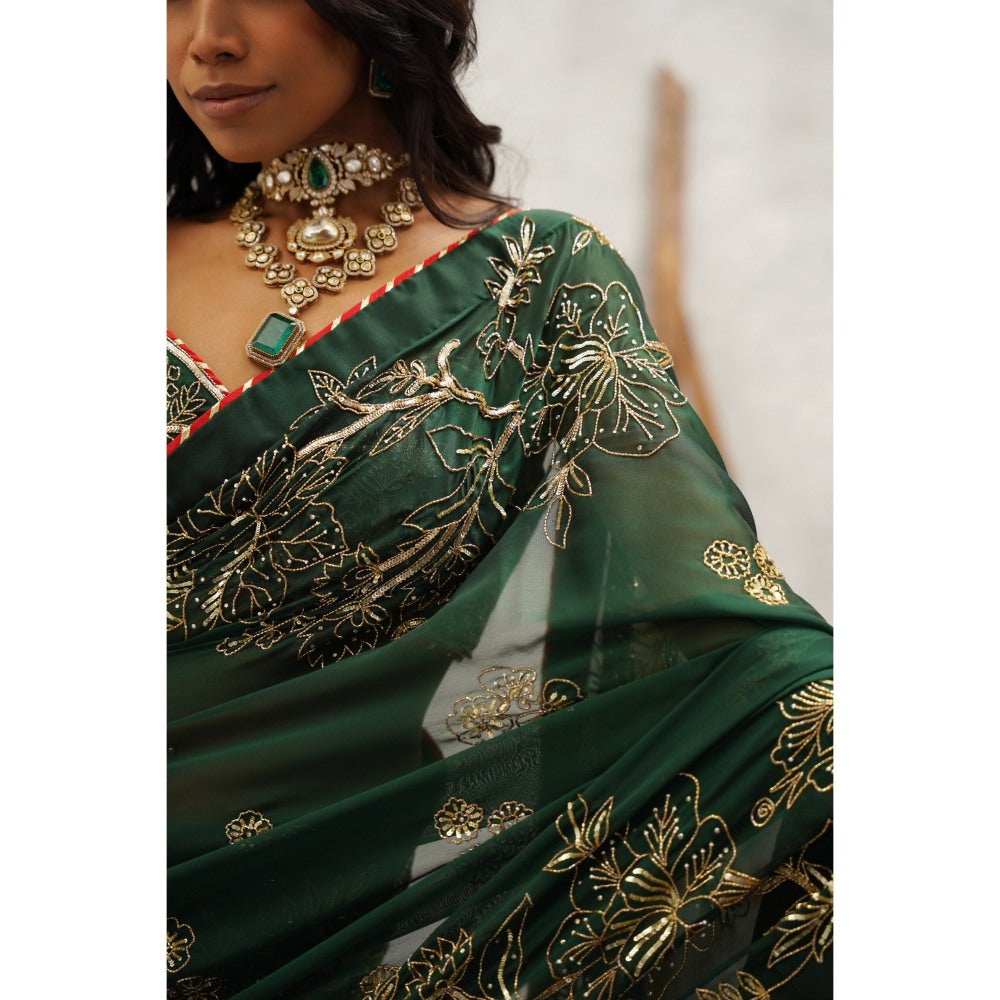 Kapda Dori Bottle Green Embroidered Saree with Stitched Blouse and Petticoat