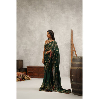 Kapda Dori Bottle Green Embroidered Saree with Stitched Blouse and Petticoat