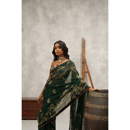 Kapda Dori Bottle Green Embroidered Saree with Stitched Blouse and Petticoat
