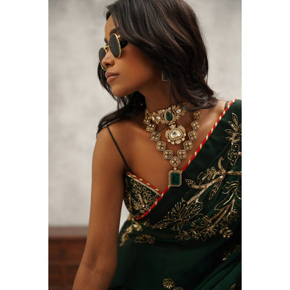 Kapda Dori Bottle Green Embroidered Saree with Stitched Blouse and Petticoat