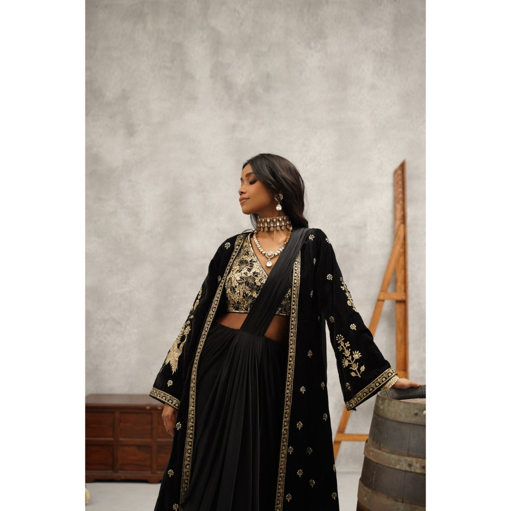 Kapda Dori Black Embroidered Pre-draped Saree with Stitched Blouse and Jacket