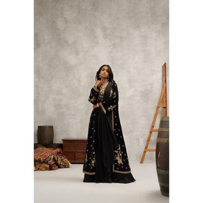 Kapda Dori Black Embroidered Pre-draped Saree with Stitched Blouse and Jacket