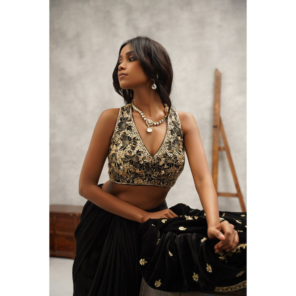 Kapda Dori Black Embroidered Pre-draped Saree with Stitched Blouse and Jacket