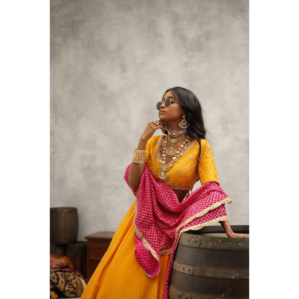 Kapda Dori Yellow Embroidered Lehenga with Blouse and Dupatta (Set of 3)