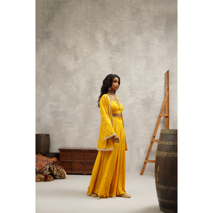 Kapda Dori Yellow Embroidered Sharara with Bustier and Jacket (Set of 3)