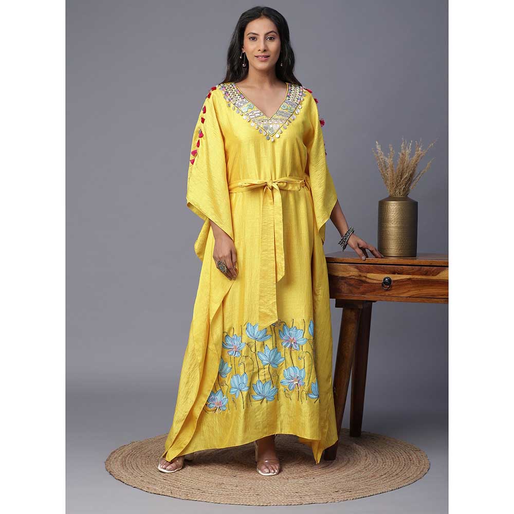 Arpita Sulakshana Blue Flower Hand painted Yellow Kaftan