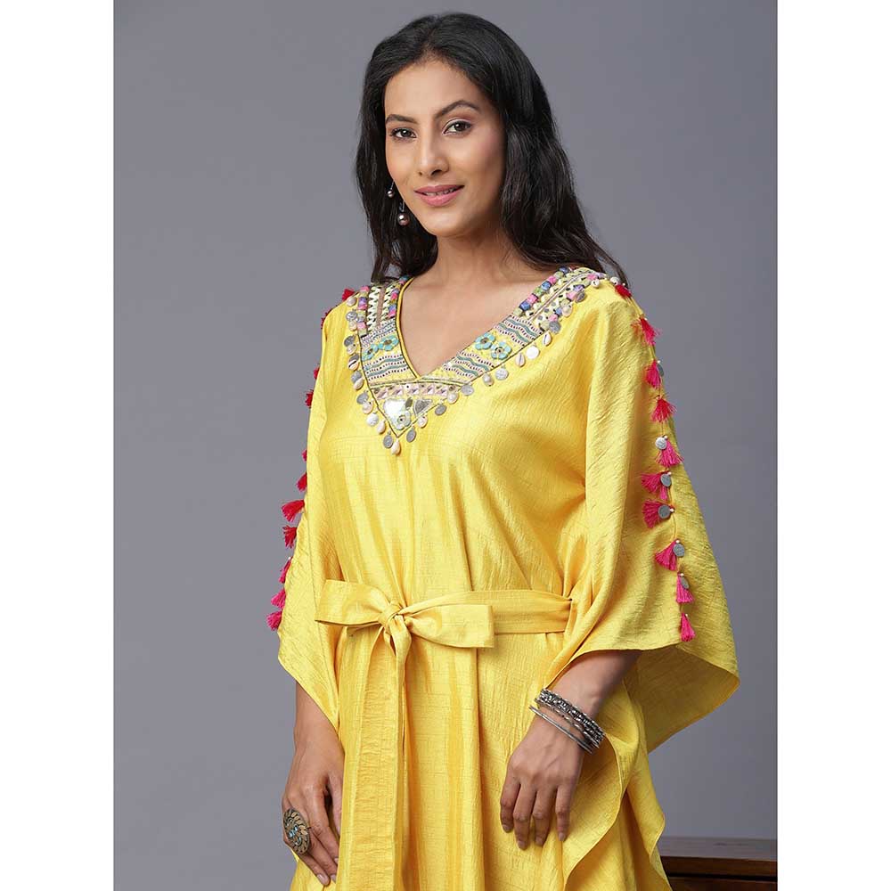 Arpita Sulakshana Blue Flower Hand painted Yellow Kaftan
