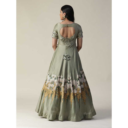 Arpita Sulakshana Pista Green Hand Painted Embellished Chanderi Gown With Dupatta (Set of 2)