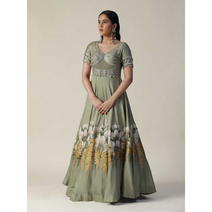 Arpita Sulakshana Pista Green Hand Painted Embellished Chanderi Gown With Dupatta (Set of 2)