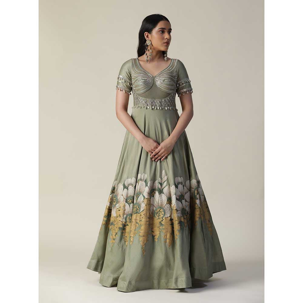 Arpita Sulakshana Pista Green Hand Painted Embellished Chanderi Gown With Dupatta (Set of 2)