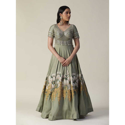 Arpita Sulakshana Pista Green Hand Painted Embellished Chanderi Gown With Dupatta (Set of 2)