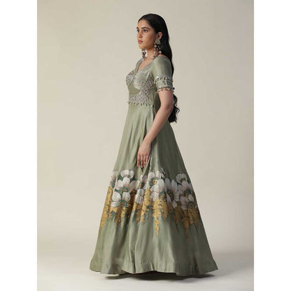 Arpita Sulakshana Pista Green Hand Painted Embellished Chanderi Gown With Dupatta (Set of 2)