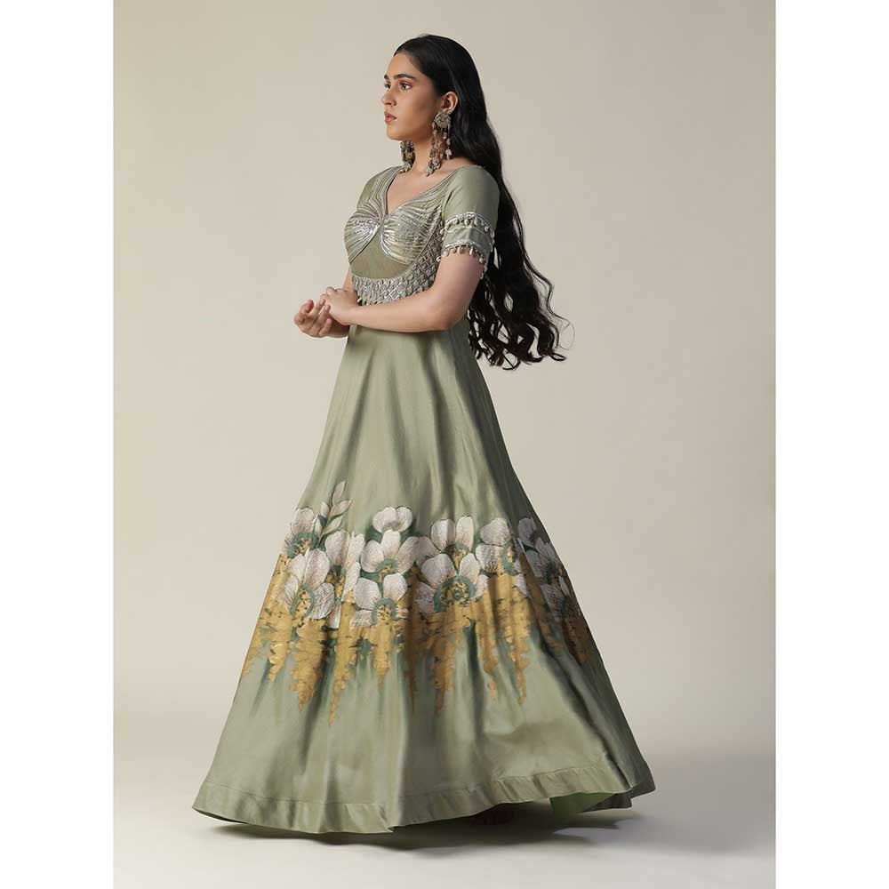 Arpita Sulakshana Pista Green Hand Painted Embellished Chanderi Gown With Dupatta (Set of 2)