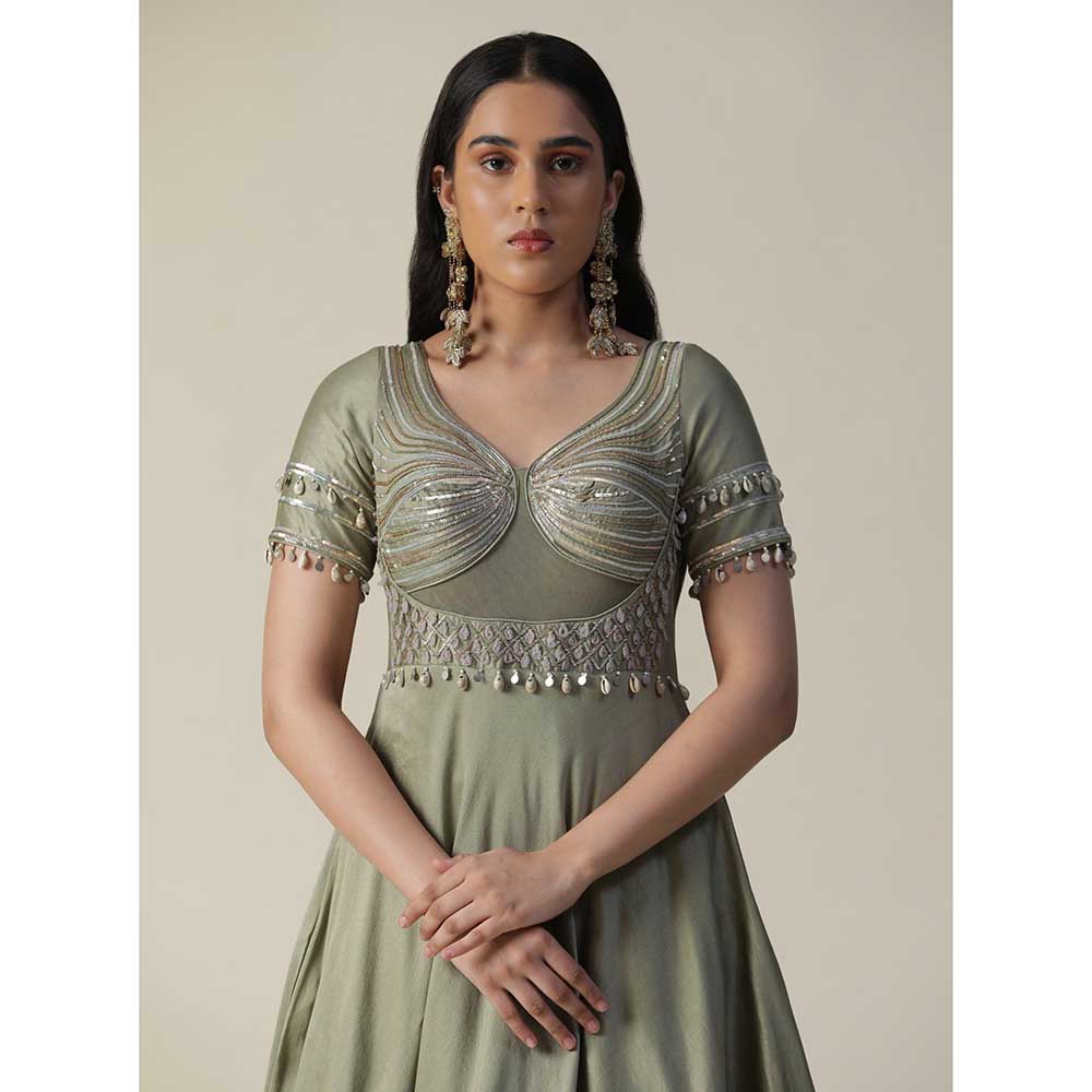 Arpita Sulakshana Pista Green Hand Painted Embellished Chanderi Gown With Dupatta (Set of 2)