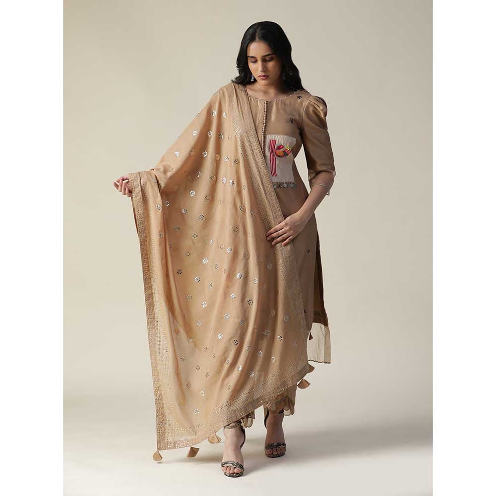 Arpita Sulakshana Chanderi Hand Painted Embroidered Brown Kurta (Set of 3)