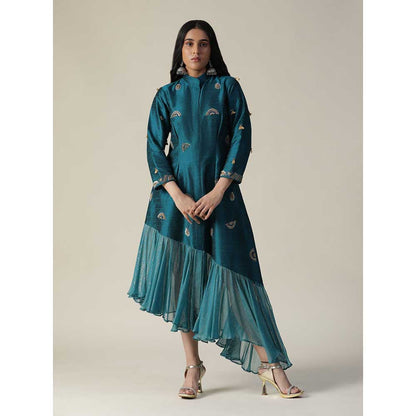 Arpita Sulakshana Dark Bermuda Blue Raw Silk Maxi Dress