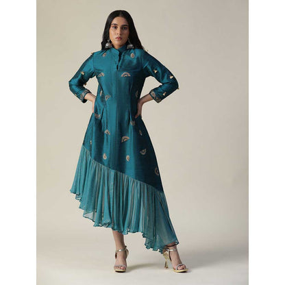Arpita Sulakshana Dark Bermuda Blue Raw Silk Maxi Dress
