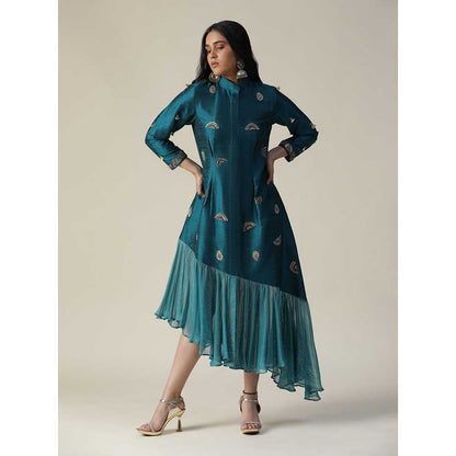 Arpita Sulakshana Dark Bermuda Blue Raw Silk Maxi Dress