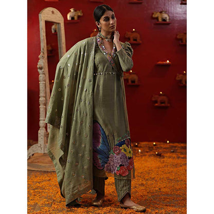 Arpita Sulakshana Pista Green Handpainted Kurta with Pant and Dupatta (Set of 3)