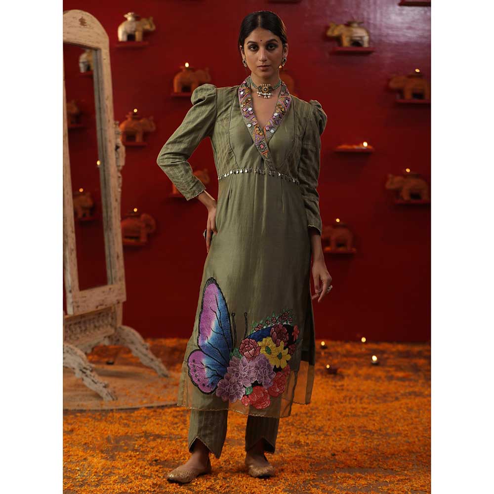 Arpita Sulakshana Pista Green Handpainted Kurta with Pant and Dupatta (Set of 3)