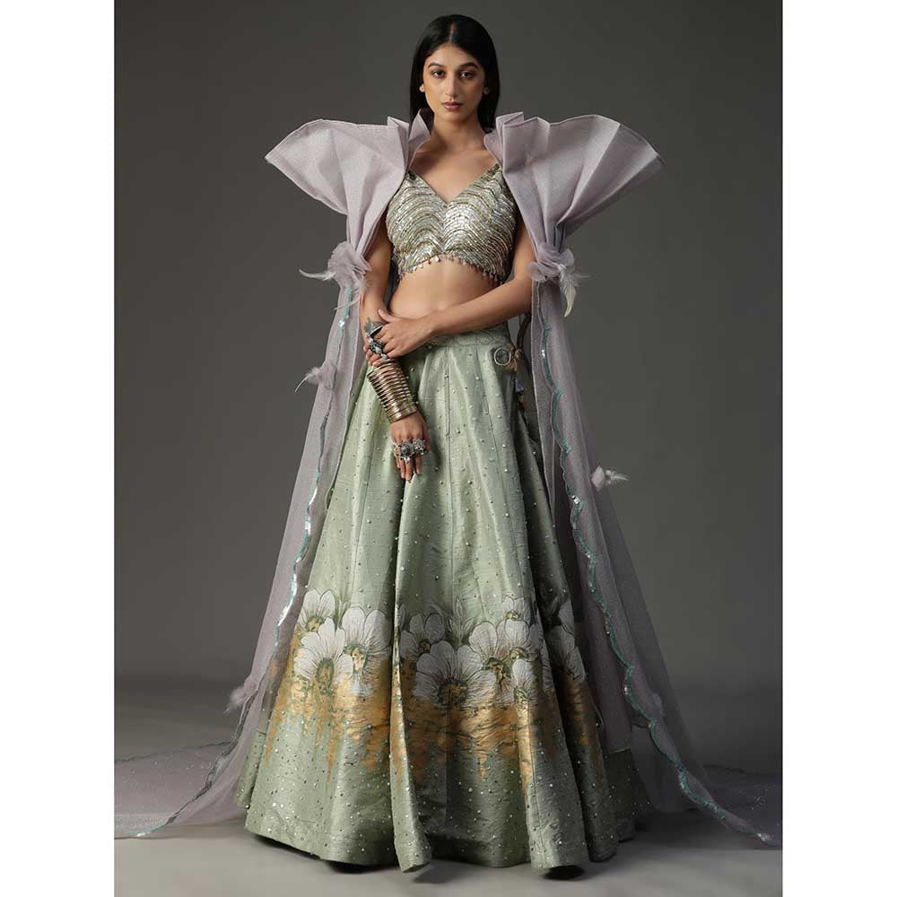 Arpita Sulakshana Sea Green Handpainted Lehenga with Blouse and Cape (Set of 3)