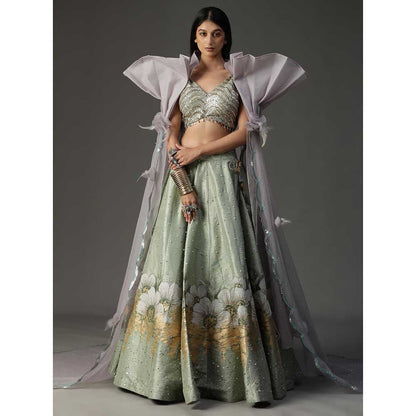 Arpita Sulakshana Sea Green Handpainted Lehenga with Blouse and Cape (Set of 3)