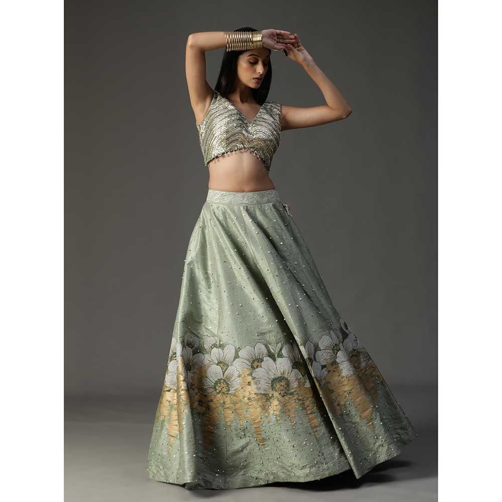 Arpita Sulakshana Sea Green Handpainted Lehenga with Blouse and Cape (Set of 3)