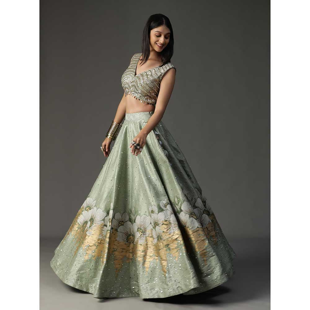 Arpita Sulakshana Sea Green Handpainted Lehenga with Blouse and Cape (Set of 3)