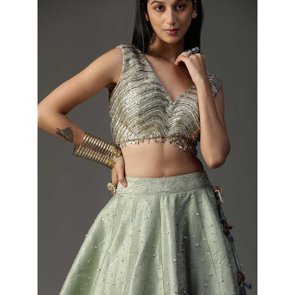 Arpita Sulakshana Sea Green Handpainted Lehenga with Blouse and Cape (Set of 3)
