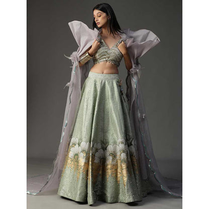 Arpita Sulakshana Sea Green Handpainted Lehenga with Blouse and Cape (Set of 3)