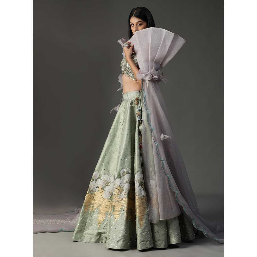Arpita Sulakshana Sea Green Handpainted Lehenga with Blouse and Cape (Set of 3)