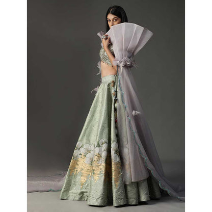 Arpita Sulakshana Sea Green Handpainted Lehenga with Blouse and Cape (Set of 3)